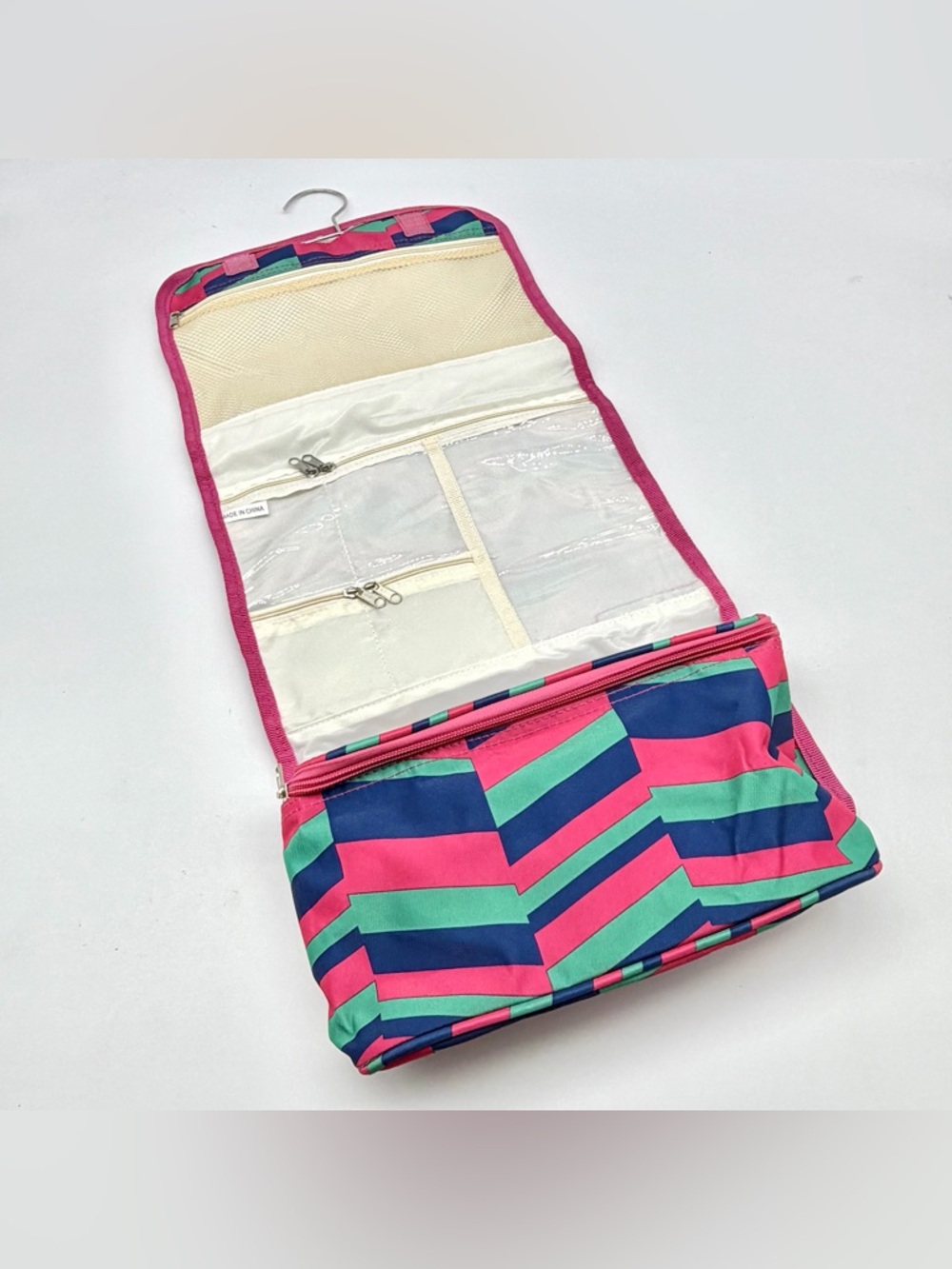 Hanging Travel Organizer Cosmetic Bag - Pink, Teal & Navy Chevron